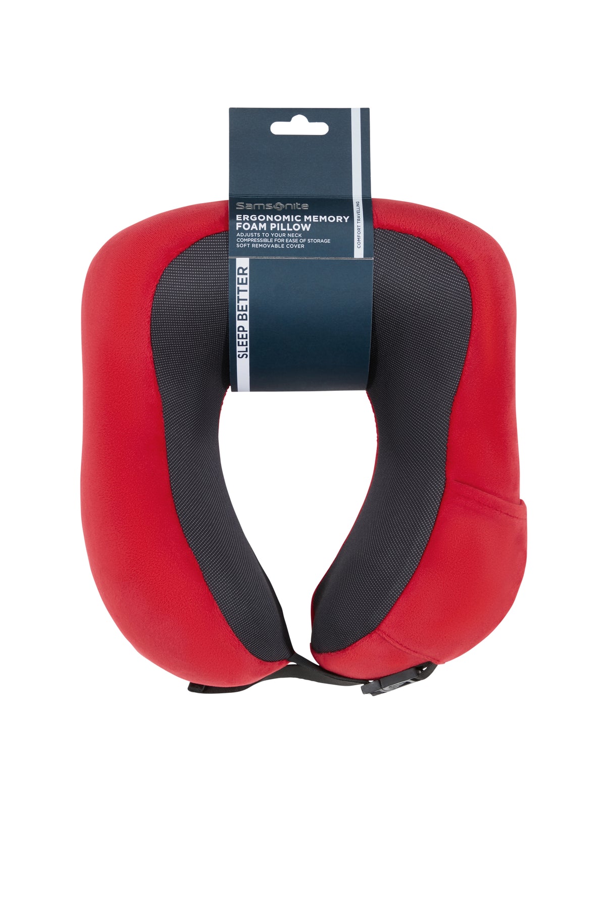 Poduszka podróżna Samsonite ergonomiczna z pianki memory z klamrą czerwona – opakowanie