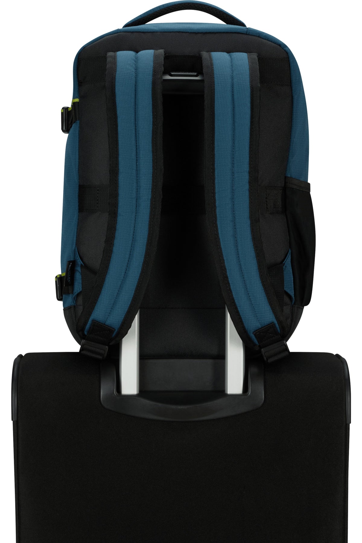 Plecak American Tourister Take2Cabin S niebieski – na rączce walizki