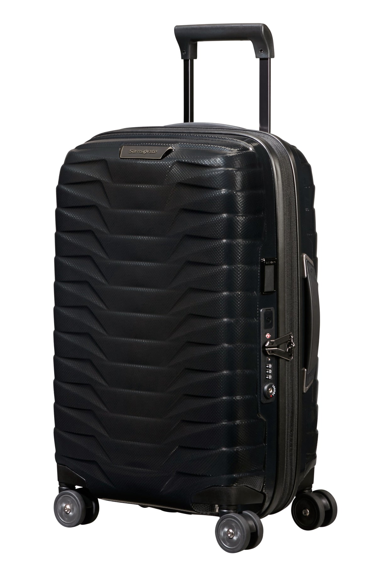 Walizka kabinowa Samsonite Proxis 55 cm powiększana z portem USB – czarna, widok z boku pod kątem