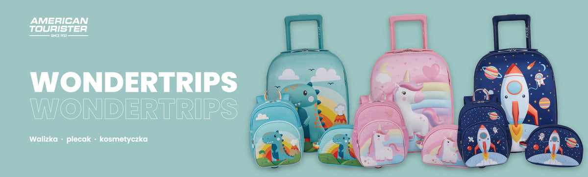 Baner Wondertrips American Tourister – walizka, plecak i kosmetyczka w trzech wzorach